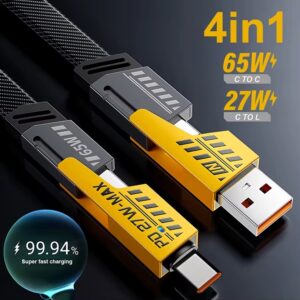 HIGH QUALITY IMPORTED 4 in 1 PD 27W 65W Fast Charging Cable Zinc Alloy Charge Cable Flat Braided Type C USB Data Cable for All Mobiles